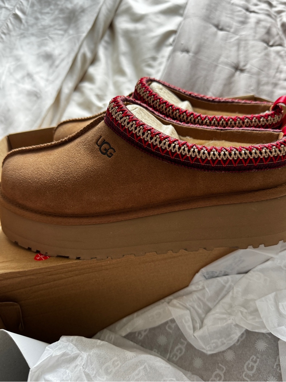 UGG Chestnut Suede Platform Clogs with Red Trim - Picture 2 of 5